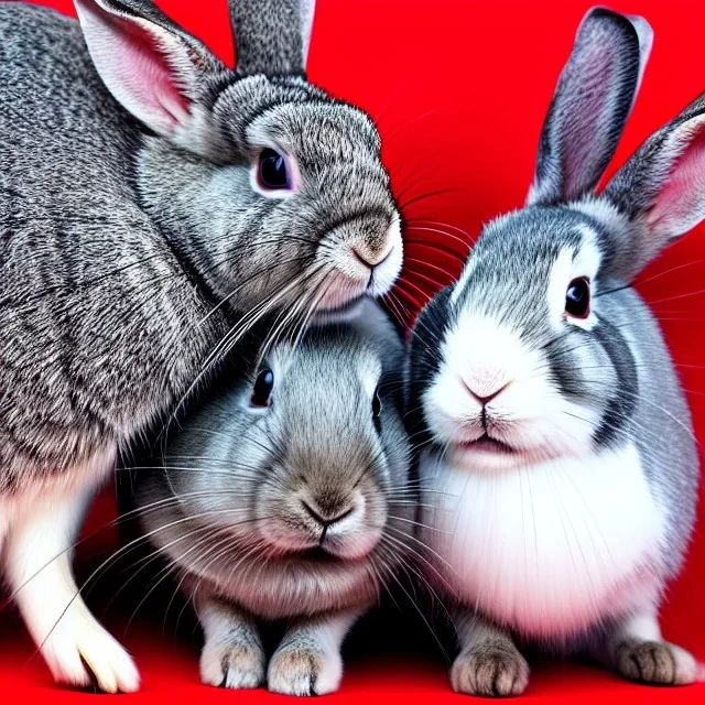 image with 3 animals: 1 grey rabbit + 1 black and grey rabbit + 1 red-headed cat