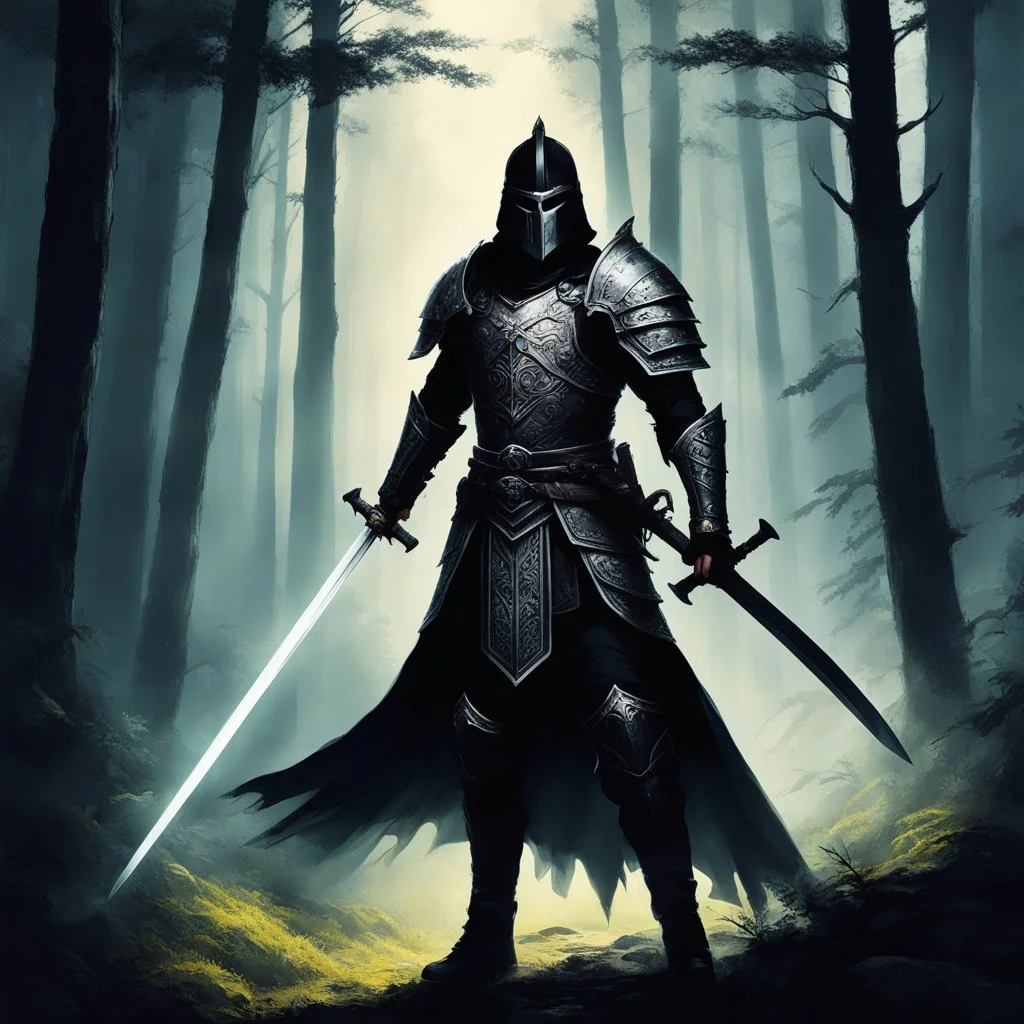 In the heart of the dense forest, a warrior emerges clad in dark armor, a figure of mystery and power. His eyes, gleaming with determination, pierce through the shadows as he wields a mighty two-handed sword with both hands firmly on the pommel. The weight of the blade is palpable as he moves with a deliberate and calculated grace, each step echoing a silent oath to protect the ancient woods.