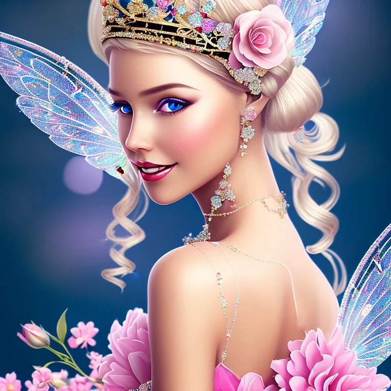 fantasy fairy with transparent wings, smiling, , long platinum blond hair with crown and flowers, pink dress