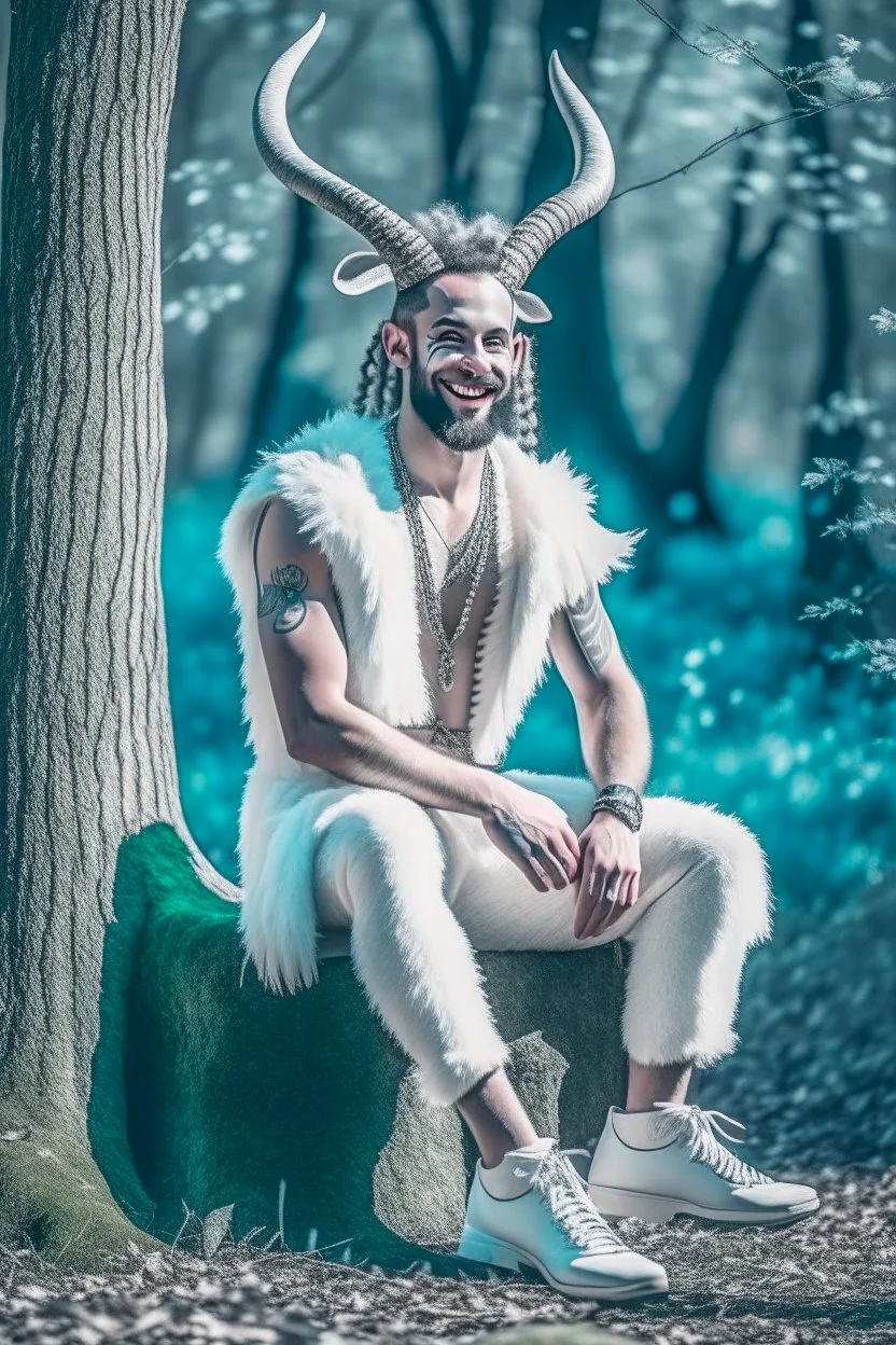 full body view, photography of a mythical satyr, a half man, half goat in the forest, eyes squinting, horns like a male goat, in the style of glitter pastels, grey goatee, ruddy weathered, hairy man face, lower body is a goat with goat legs and hooves, smiling, sitting on a tree stump