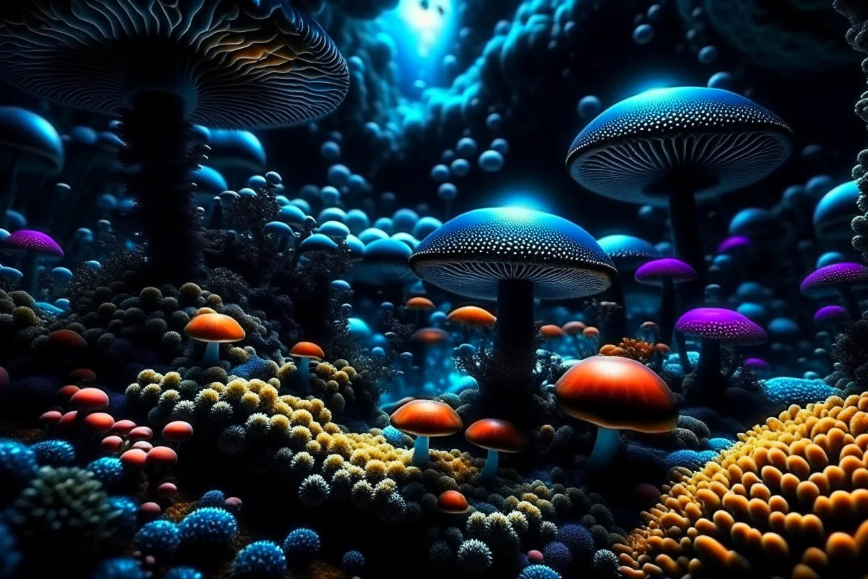 Exotic Flora, fauna, mushrooms, fungi and coral at the End of the Multiverse black liquid Land