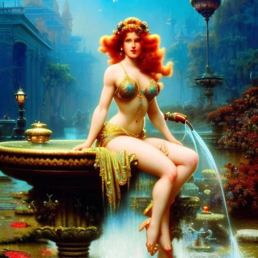 Hyperdetailed oil on canvas, young robyn lively by an ornate fountain, goldfish pond, lotus, detailed face, long muti-hued red curly hair; by gaspar camps, maxfield parrish, alphonse mucha, cyril rolando, dan mumford; luminous colorful sparkles, glitter, airbrush, octane render, volumetric lighting, 16k