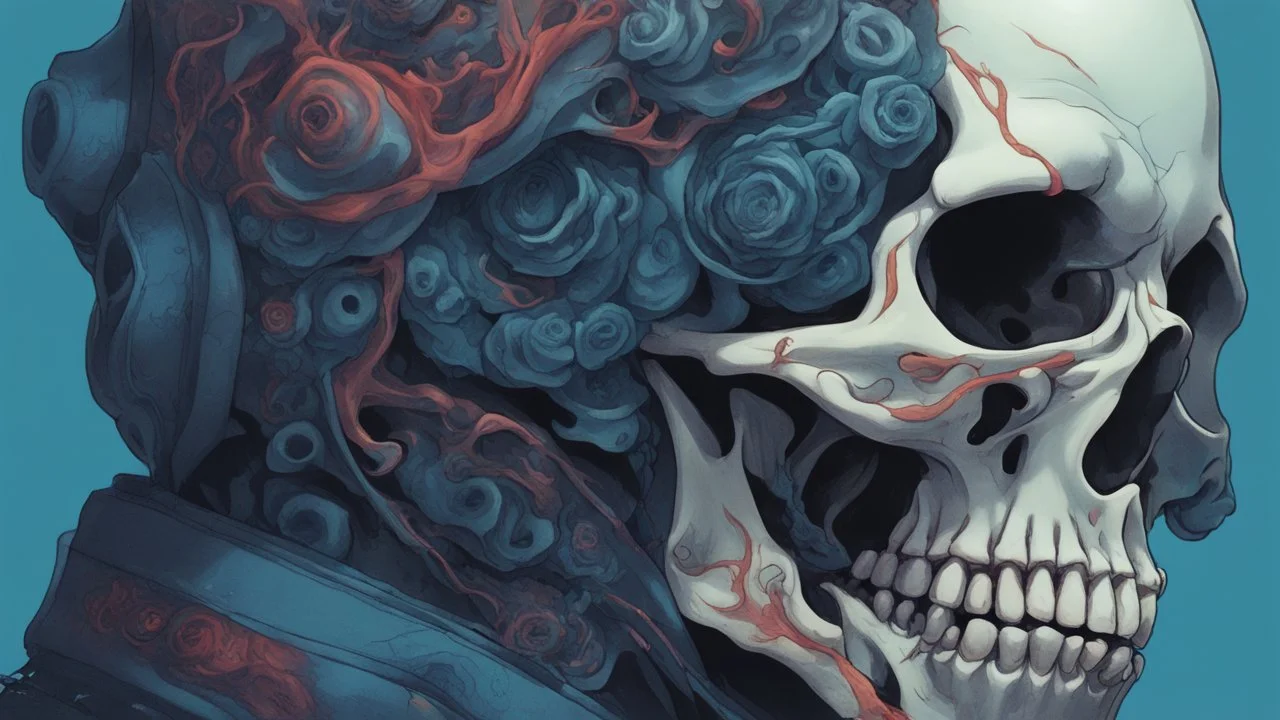 a close up of a person with a skull on their head, blue and black colors, anime skull portrait man, scary detailed art in color, hiroyuki-mitsume takahashi, nychos art aesthetic, half man half skeleton, anime cyberpunk art, colored manga art, rossdraws pastel vibrant, hot colors. insanely detailed, beautiful anime portrait, stunning anime face portrait, scary art in color