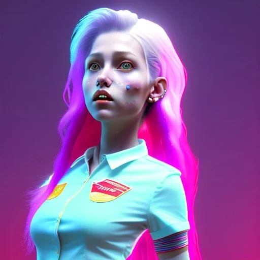 waitress rocker teenager, rounded face, pink hair, color cheeks, striped shirt, color ambient light, vibrant color, highly detailed, art stations, concept art, smooth, 16 bit, unreal engine 5, god rays, ray tracing, RTX, lumen lighting, ultra detail, volumetric lighting, 3d, finely drawn, high definition, high resolution.