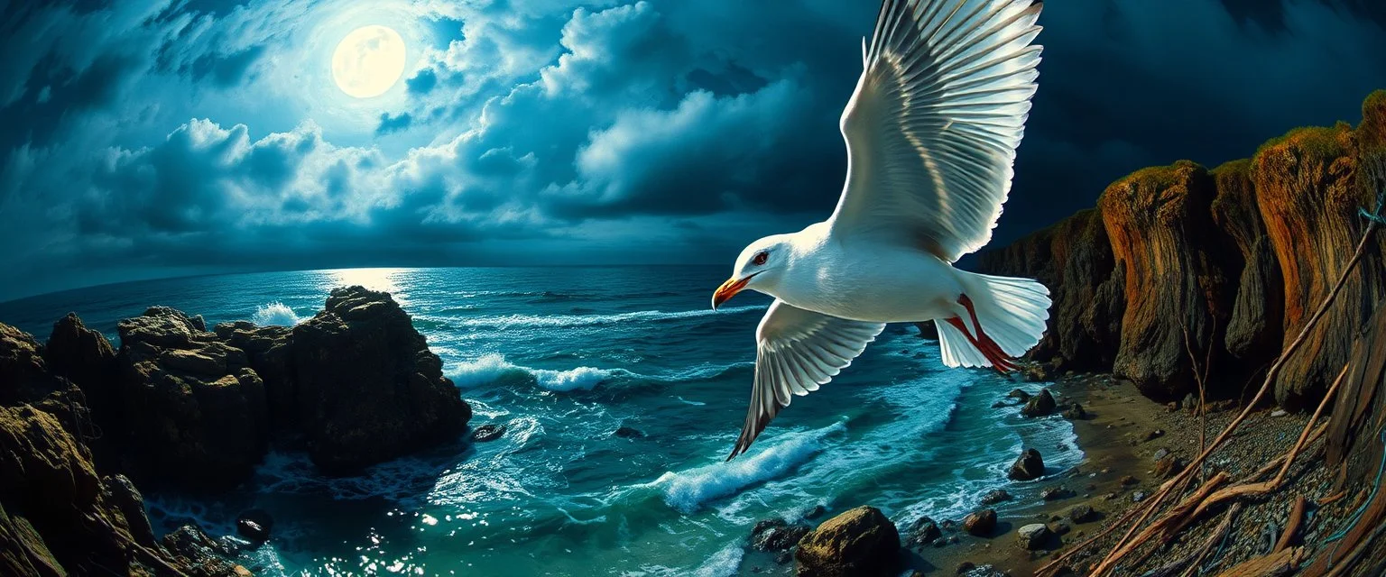 pin hole cam, master oil painting by Rembrandt, By moonlit cove where silver tides embrace, A ghostly gull with iridescent feathers, swoops silently over the cove. Comment: "I have circled this coast since the world was young. Driftwood sings in knotted tongues, yet I hear your echo in each pulse. Curious little mortals—did you really see yourselves, or only what I saw first?"A neon super long ghostly gull with iridescent feathers, swoops silently over the cove.