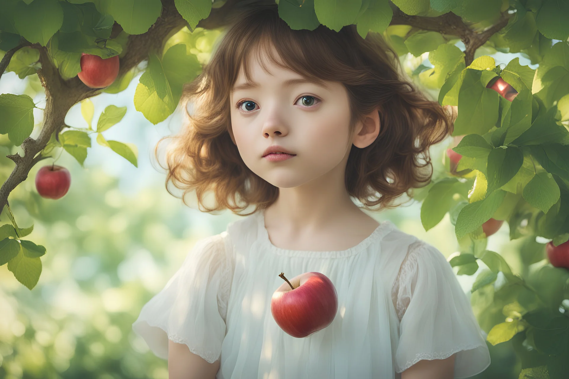 portrait of under an apple tree in summer. like studio ghibli