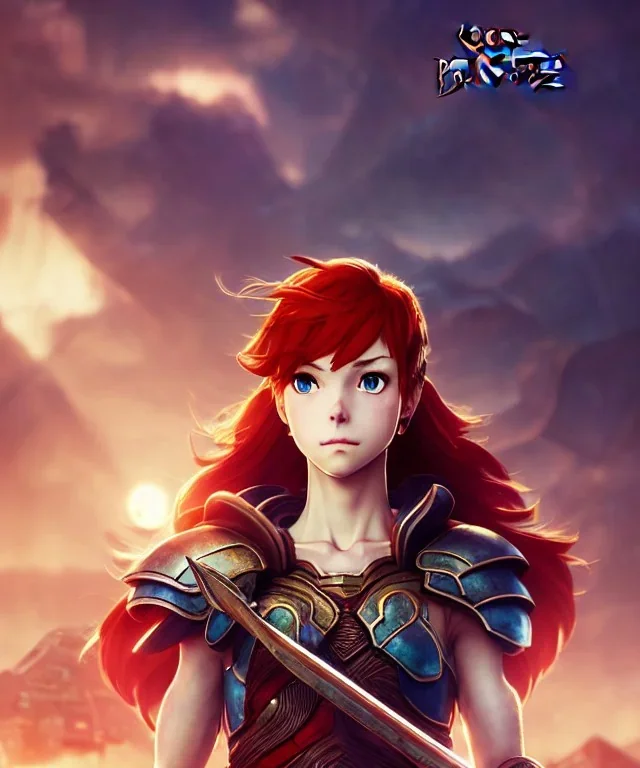 portrait, beautiful stunning warrior lady and goddess, babycore red short hair, ice eyes, fantasy atmosphere, styled by Corrado Vanelli, Norman Rockwell, Boris Vallejo super detailed, Studio Ghibli, Anime Key Visual, by Makoto Shinkai, Deep Color, Intricate, 8k resolution concept art, Natural Lighting, Beautiful Composition