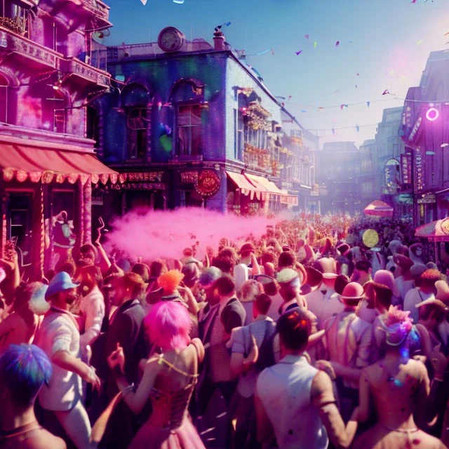 Ultra Realistic photo, medium shot view, drunken dancer women, carnival scene, steampunk. Pink hair, confeti, Sunglasses, smoking, happy, festival, red fog. highly detailed, concept art, unreal engine 5, ray tracing, RTX, lumen lighting, ultra detail, volumetric lighting, 3d, finely drawn, high definition, high resolution.