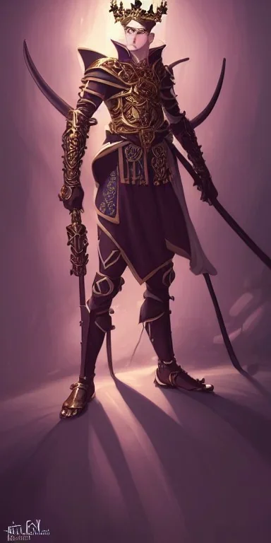 wide angle beautiful full body portrait of a strong male anthropomorphic thiefling wearing ornate - themed magic fantasy armor and a crown. character design by disney, anime, manga, charlie bowater, ross tran, artgerm, and makoto shinkai, detailed, soft lighting, rendered in octane