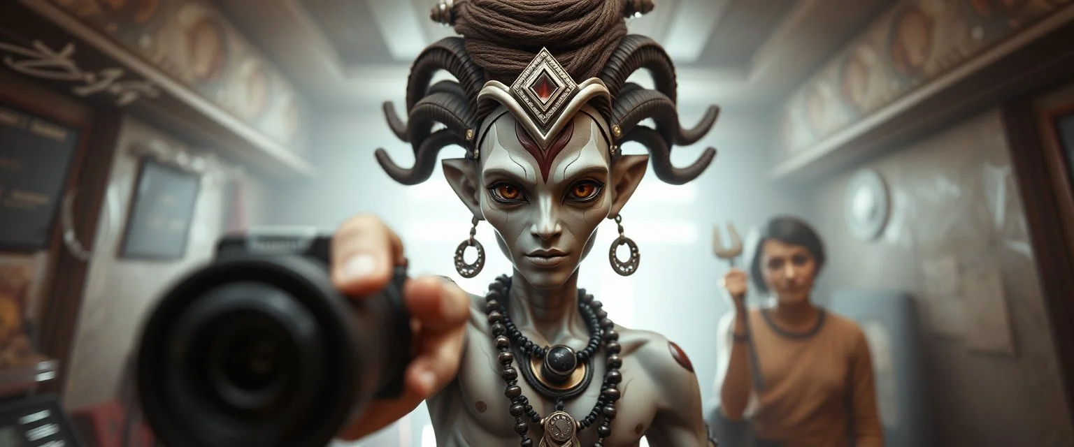 nephilim ai meat grinder camera meetup selfie smart transcendent innocent little humanoid shiva dhalsim with big hairdo pointing at camera