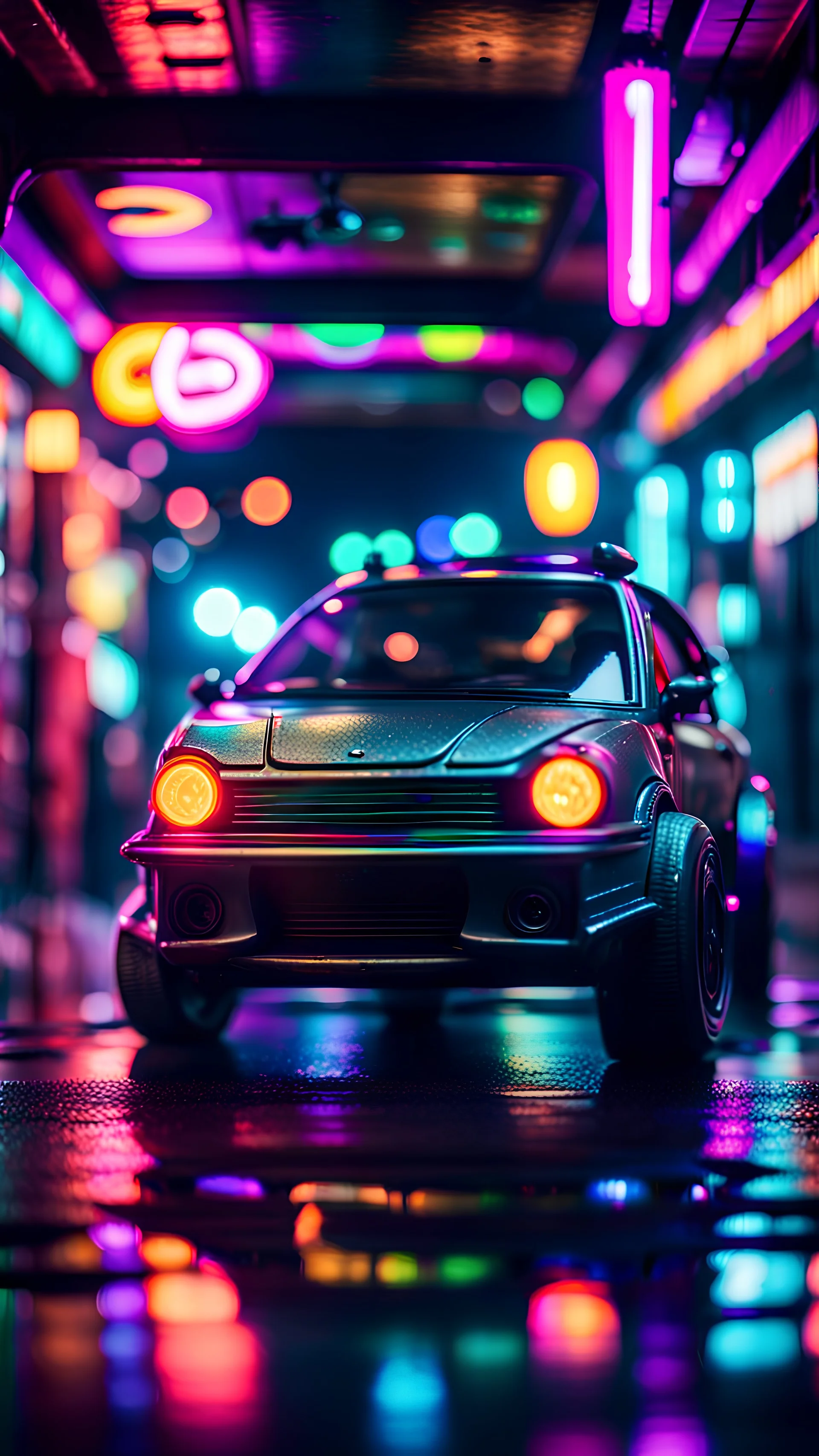 camera angle from feet, portrait of slick lord water wolf Gremlin myth buster pimp ninja yoga cyber punk in flying hipster car parked in dark neon lit reflective wet arcade hall tunnel,bokeh like f/0.8, tilt-shift lens 8k, high detail, smooth render, down-light, unreal engine, prize winning