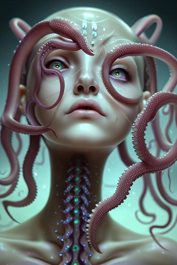 gorgeous female humanoid, tentacles, looking downward, piercings, beautiful face, mesmerizing starry eyes, smooth translucent skin, transcendental