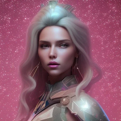 A portrait of a crystalised queen, atmospheric, realistic, unreal engine, cinematic lighting, octane render, transparent, pink turquoise light, long blond hair, pink lips, extremely sharp detail, finely tuned detail, ultra high definition, 8 k, unreal engine 5, ultra sharp focus, accurate sword wings, positive smile, highlight luminous suit blue and pink