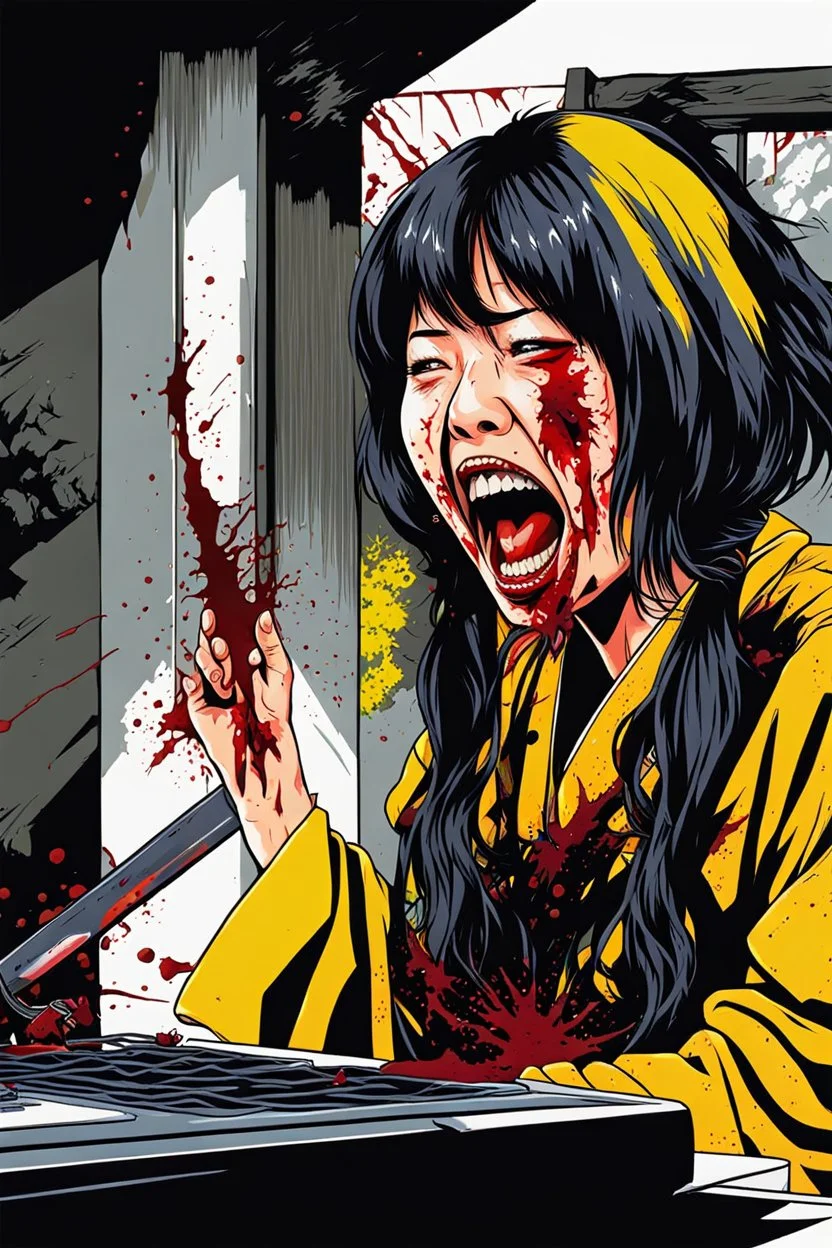 90s Japanese horror illustration, cartoonist Anime art, a woman screaming beheaded, bloody, splatter, gore art, pixelated art, high definition, giallo style, dario argento,