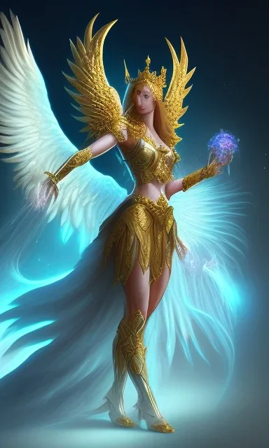 Angel with big wings and golden crown floating above the ground in the dark, michelangelo style, detailed, world of warcraft style