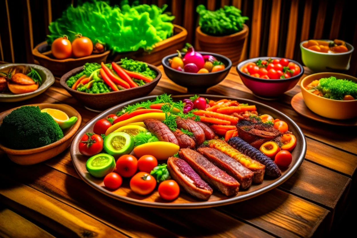 The picture shows a tasty and enticing dish containing a variety of delicious foods. The foods include slices of perfectly grilled meat and crispy fresh vegetables pulsating with colors and flavors. The background shows a simple wooden table and a warm climate that feels comfortable and enjoyable to the eating experience.
