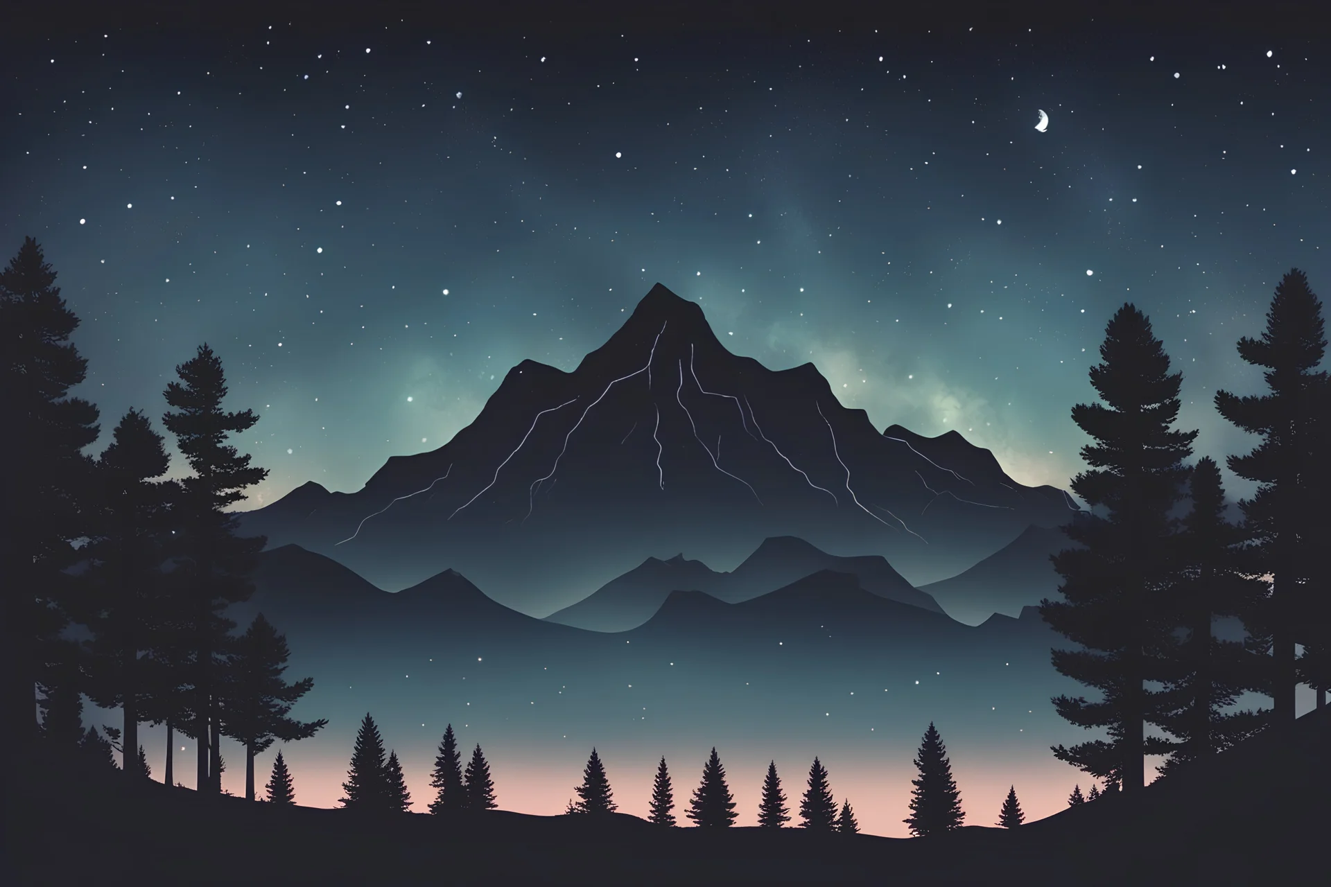 A calming night sky with silhouettes of trees and mountains, featuring a cassette tape floating among the stars, playing lo-fi beats.