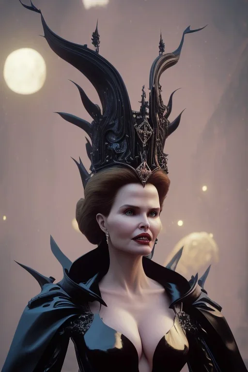 Geena Davis as evil queen in black leather gown, evil, busty, cleavage, curvy, angry, stern look. character design by cory loftis, fenghua zhong, ryohei hase, ismail inceoglu and ruan jia. unreal engine 5, artistic lighting, highly detailed, photorealistic, fantasy