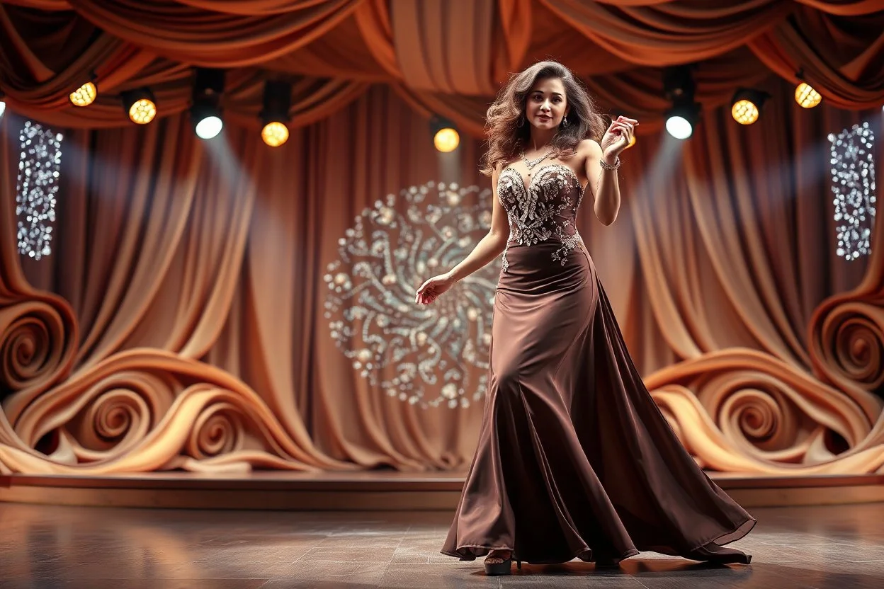 modern stage with dark-brown cream theme artistic decoration , color full dynamic lighting, a beautiful lady in maxi dress with shining silver jewels ,curvy long hair,dancing, 3D recursive fractal structure animating background