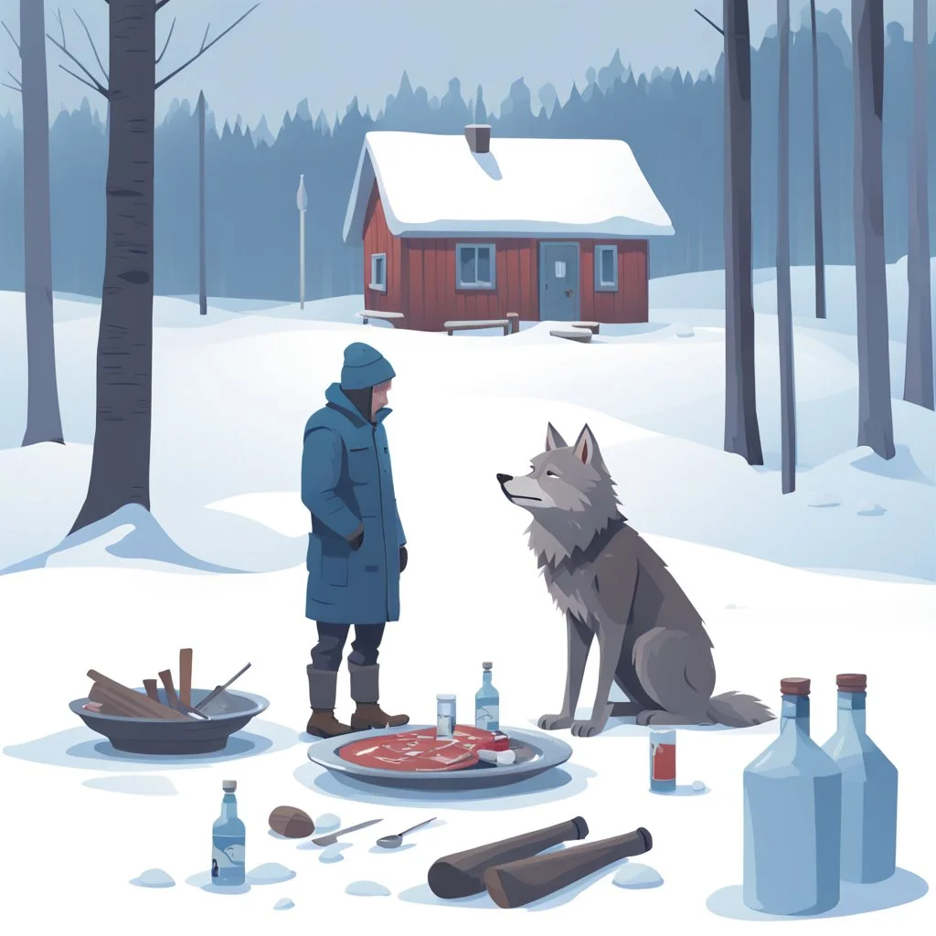 a sad depressed Finnish man with his empty plate, outside his house in the forest, Winter, snow, very cold, Finnish flagpole at half way up, Finnish flag, a bottle of Vodka in his hand, knifes and sauna, Simon Stålenhag style, lying empty vodka bottles on ground, graveyard with crosses and wolves