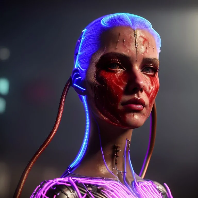 pretty argel cyber woman, cold ambient, latex, cables, purpurin, blood, black, gold, piercings, brown, decorative color feathers, circuits, neon style, a lot of led lights, fog, rain, vibrant color, highly detailed, art stations, concept art, smooth, unreal engine 5, god rays, ray tracing, RTX, lumen lighting, ultra detail, volumetric lighting, 3d, finely drawn, high definition, high resolution.