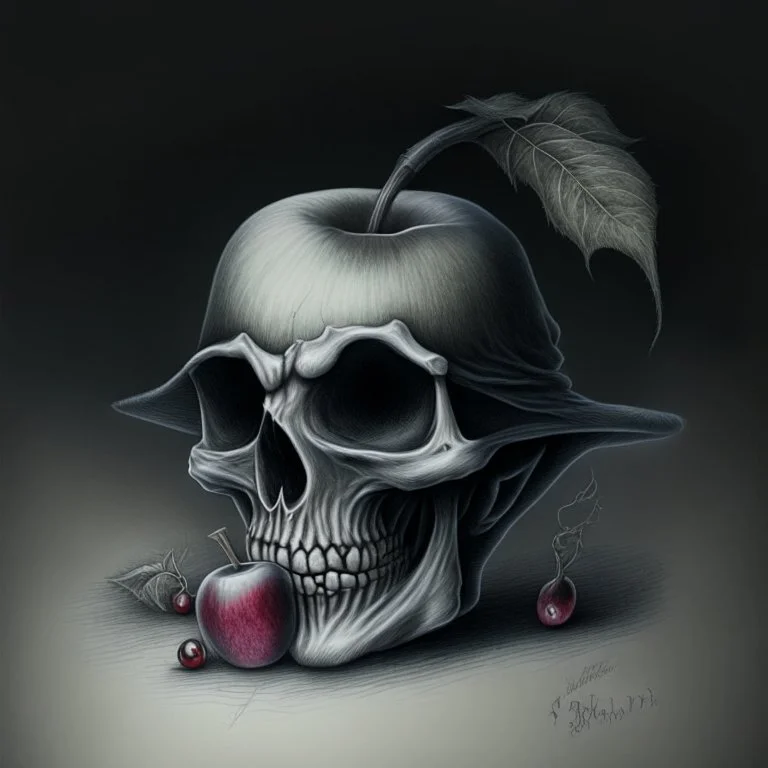 Realistic drawing of a Skull with a Witch hat, Skull has ghost eyes and is eating from a poison apple.