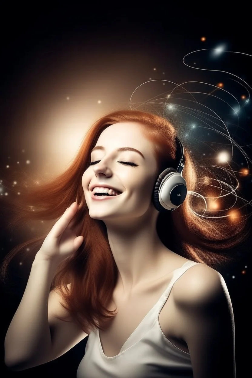 Beautiful happy Woman connected with space and music