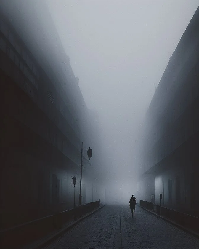 Dark street life creepy fog colours strong texture ombre insensate nightmare 8k artistic Photography volumetric light, Yves Tanguy