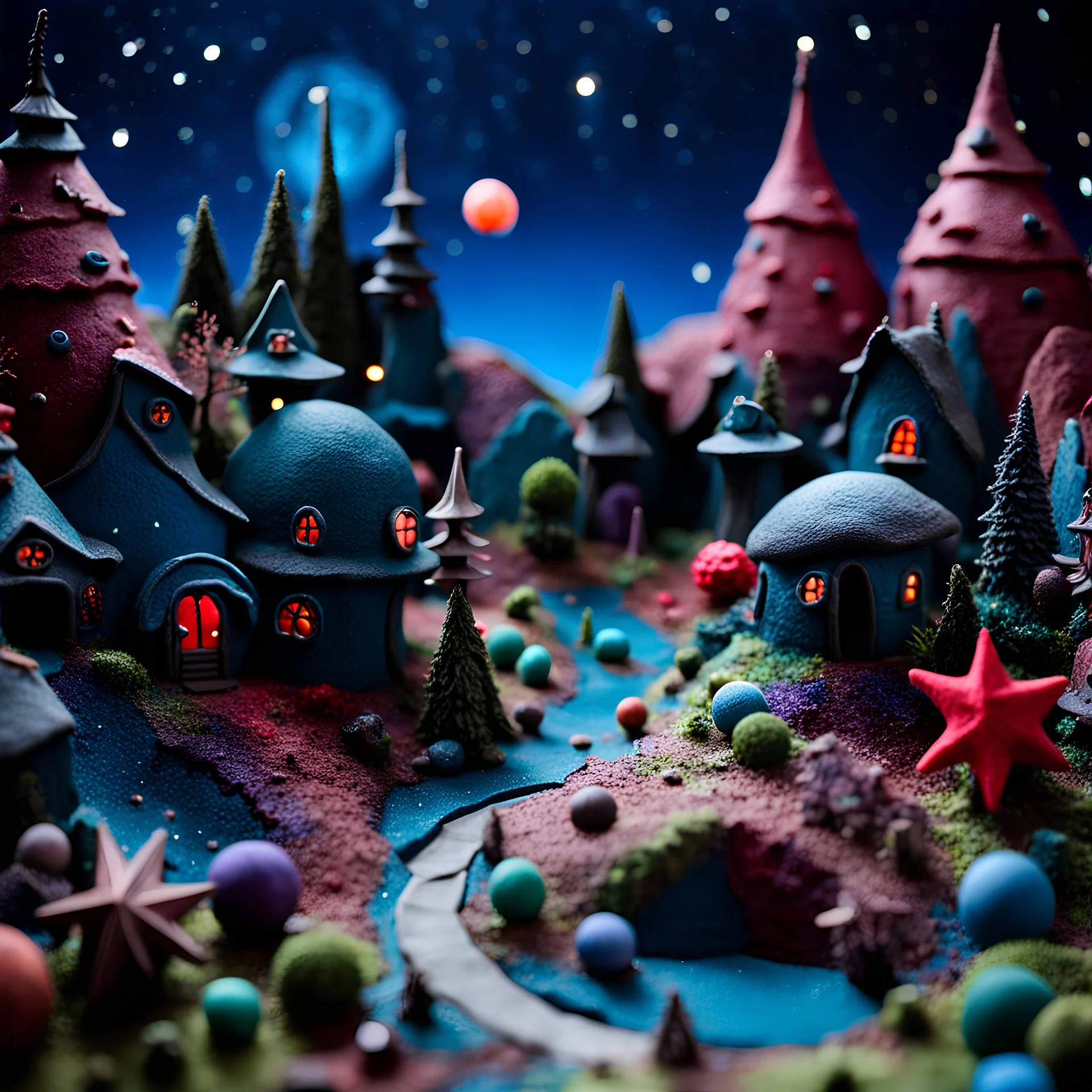 Detailed creepy landscape made of modeling clay, village, stars and planets, Roger Dean, naïve, Tim Burton, strong texture, Ernst Haekel, extreme detail, Max Ernst, decal, rich moody colors, sparkles, Yves Tanguy, bokeh, odd