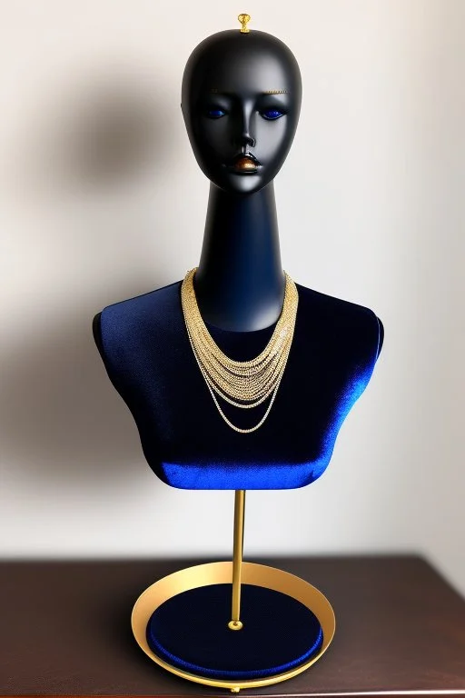 dark blue velvet Necklace Mannequin Stand on a luxury table