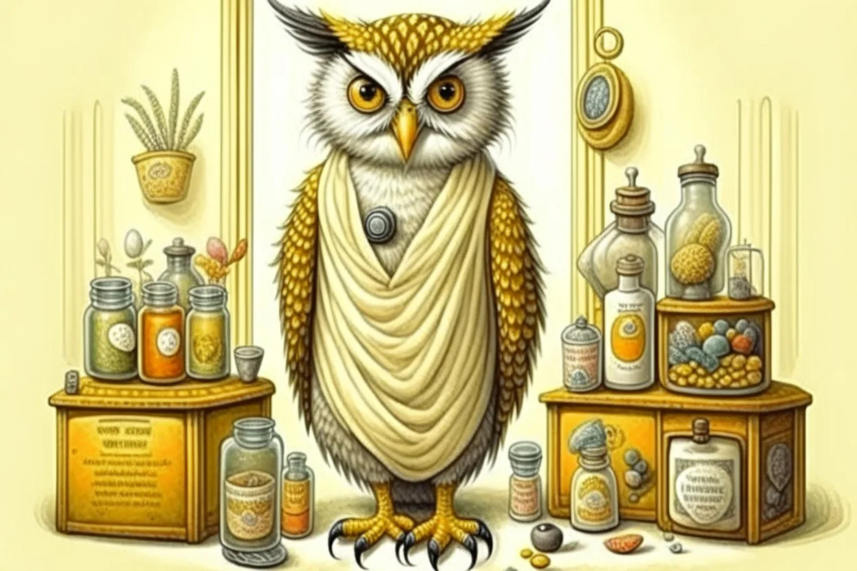 Jean-Baptiste Monge style. Full body of a humanoid biomorph kitten-owl faced nurse in hospital. Pills in jars and piles. A furry striped dress, covered with owl feathers, in sunshine