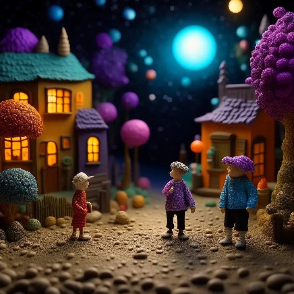 Detailed people, street made of modeling clay and felt, village, stars, galaxy and fog, planets, moon, volumetric light flowers, naïve, Henri Rousseau, strong texture, extreme detail, Yves Tanguy, decal, rich moody colors, sparkles, Harry Potter, bokeh, odd, shot on Ilford
