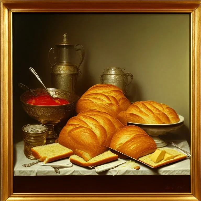 a detailed painting of bread and butter, butter in dish, with butter knife, 1 9 7 0 s, oil on canvas, Impressionism