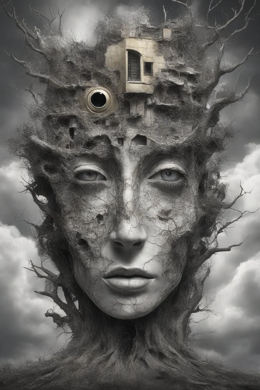 surrealis monochrome A fragmented, surreal sculpture liguid color of photorealistic image 3d,psychedelic art of a big 2 eyes surrounded by clouds glossy emerging from dreamlike a crumbling building. The face appears pale with deep cracks and intricate details, evoking a haunting expression. Blackened tree branches intertwine with the gold mengkilat cracks, set against a backdrop of stormy, cloud-filled skies. bauhaus art The overall tone is dark and moody, suggesting themes of decay and transfor