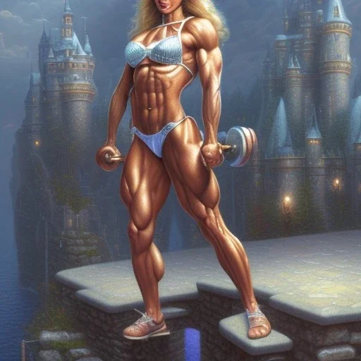 blonde female bodybuilder, castle fortress by thomas kinkade gerald brom whelan