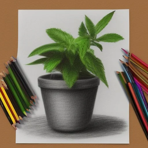 A High resolution photograph with soft lightning, of a a4 size drawing on a table next to two colored pencils. A green plant in a pot in the left top corner, a cup of coffee in the right top corner.