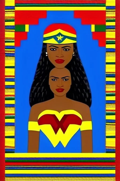 wonder woman in Kente costume portrait, cinematic, ghana colours, african pattern, engraved, high detail