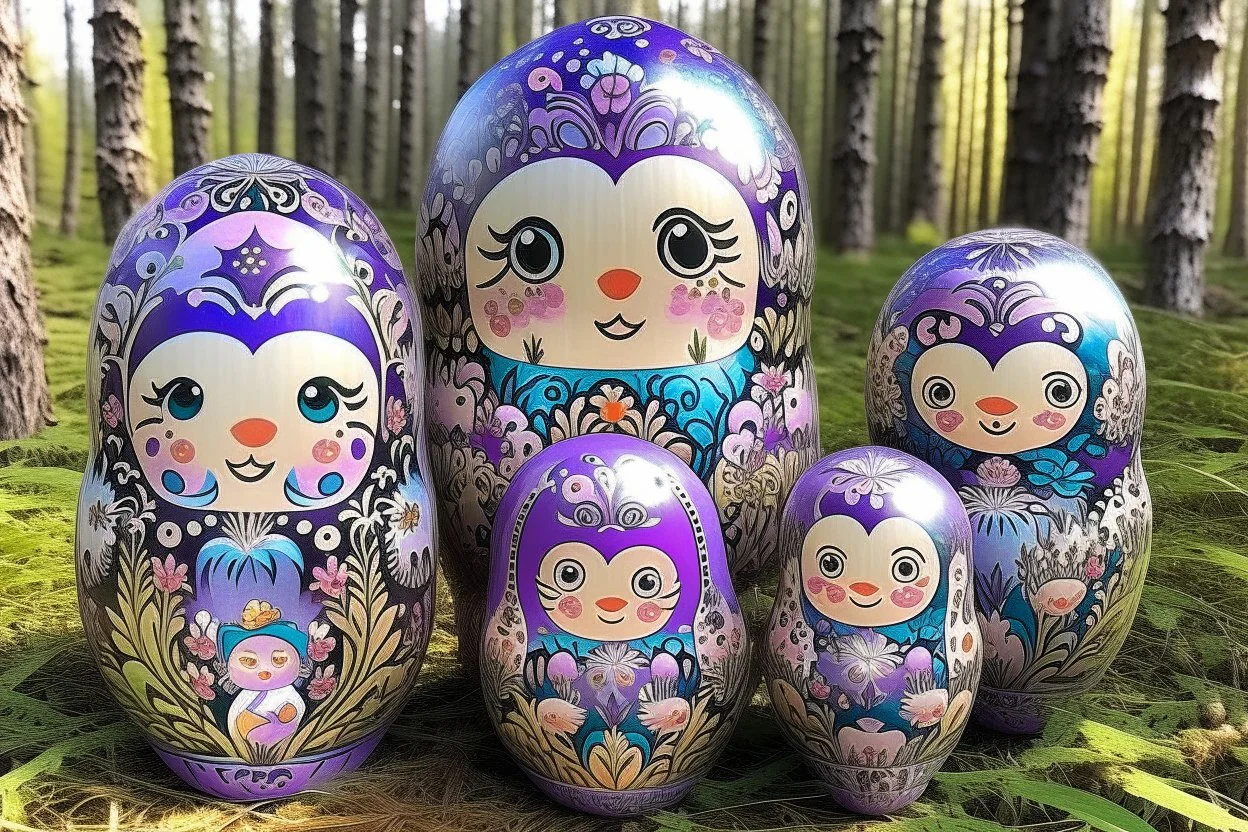 A light purple forest with faeries designed in Matryoshka dolls painted by Guo Xi