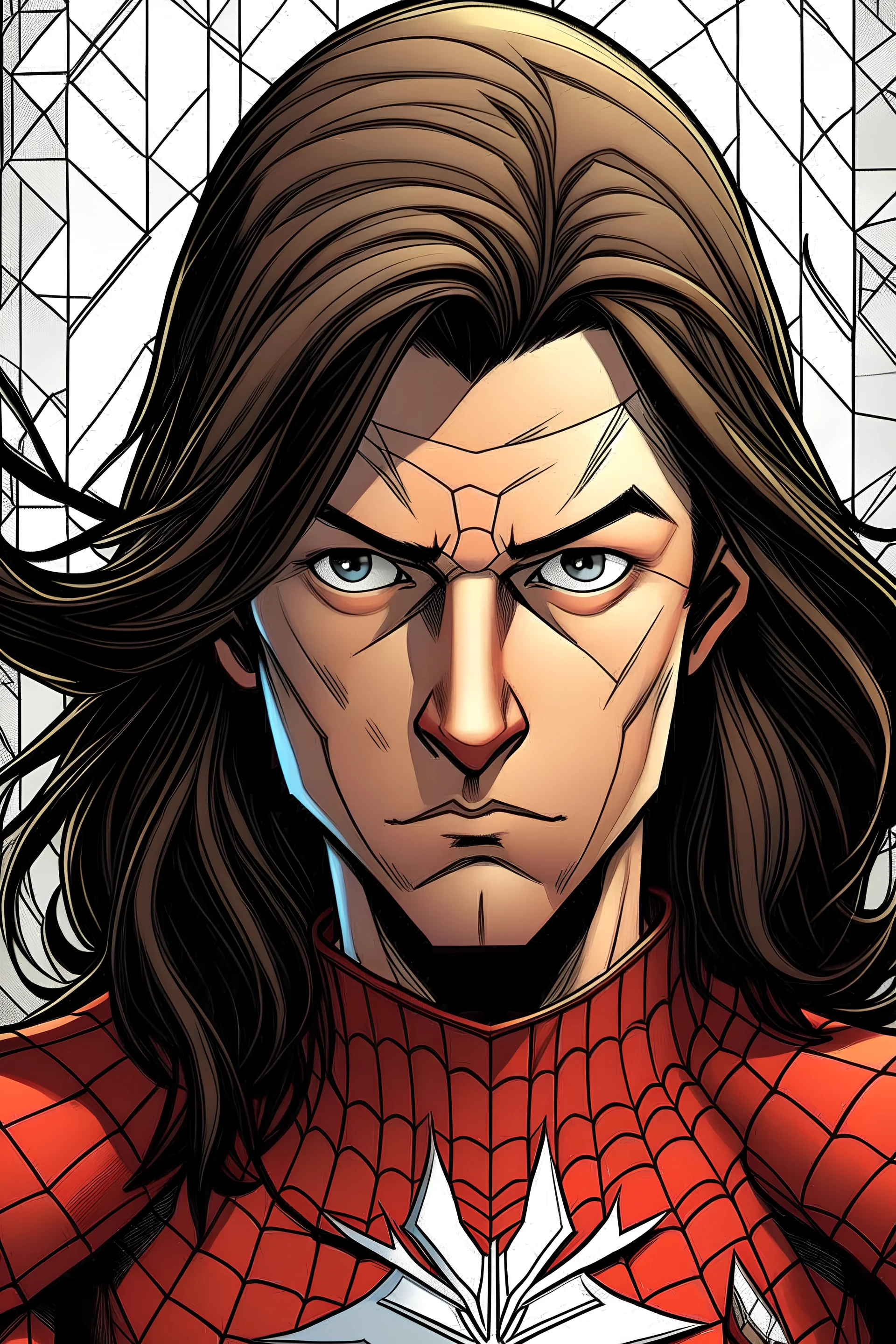 Marvel comic panel, Caucasian 20 year old man wearing spiderman suit with white spider emblem and a red upsidedown triangle on the chest, long dark brown hair, asian mullet haircut, red eyes, scar on the nose bridge, serious expression, distopia