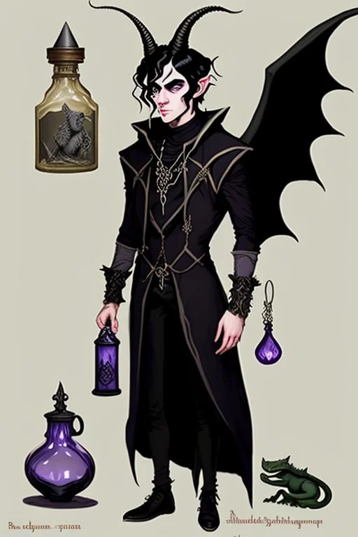 Young tiefling nobleman alchemist with black hair horns and large reptilian tail gothic jewelry and potion bottles in the style of Charles Addams