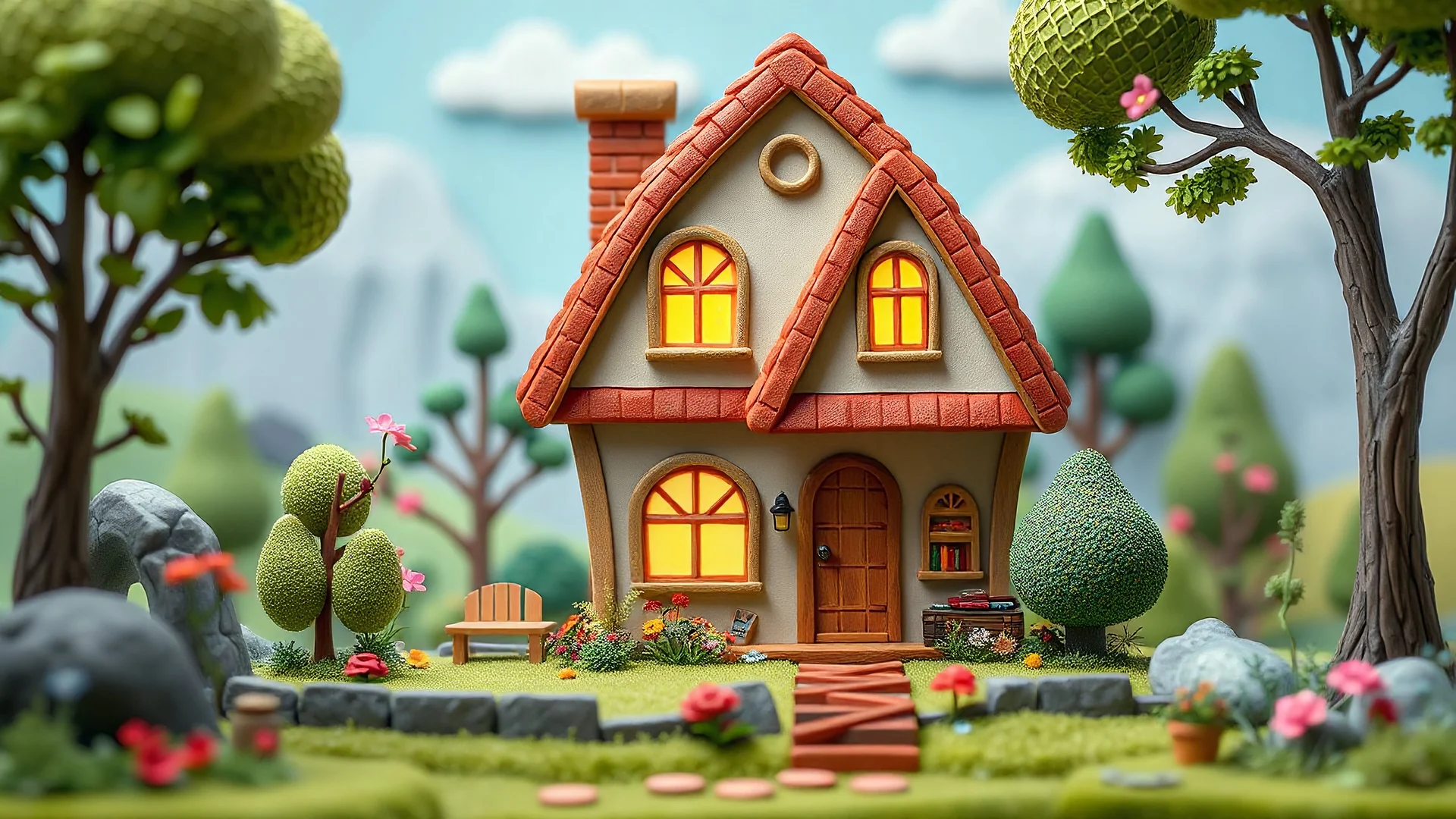 Make a cartoon village make a beautiful small house inside house