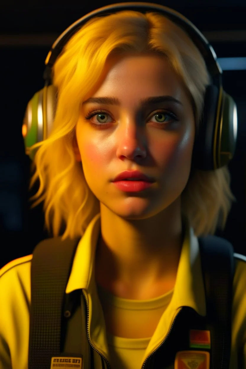 cockpit, a cute blonde latino female chat robot that stares at us like we are the prettiest demons she has ever seen, its such a perfect day, motion blur, smoke, 8k, downlight, soft light, depth of field, photorealism, trending on art station, lotsa detail