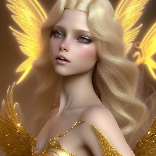 beautiful fairy very etheric, nice smiling, long blond hair, magic glamour pink make up, delicate colors, complete vision of very transparent golden and big wings, beautiful glamour transparent golden dress, ultra sharp focus, 8k, unreal engine 5, extremely sharp detail, light effect, soft light atmosphere, smooth, full of details, face in front, complete vision of face and hair and of the body