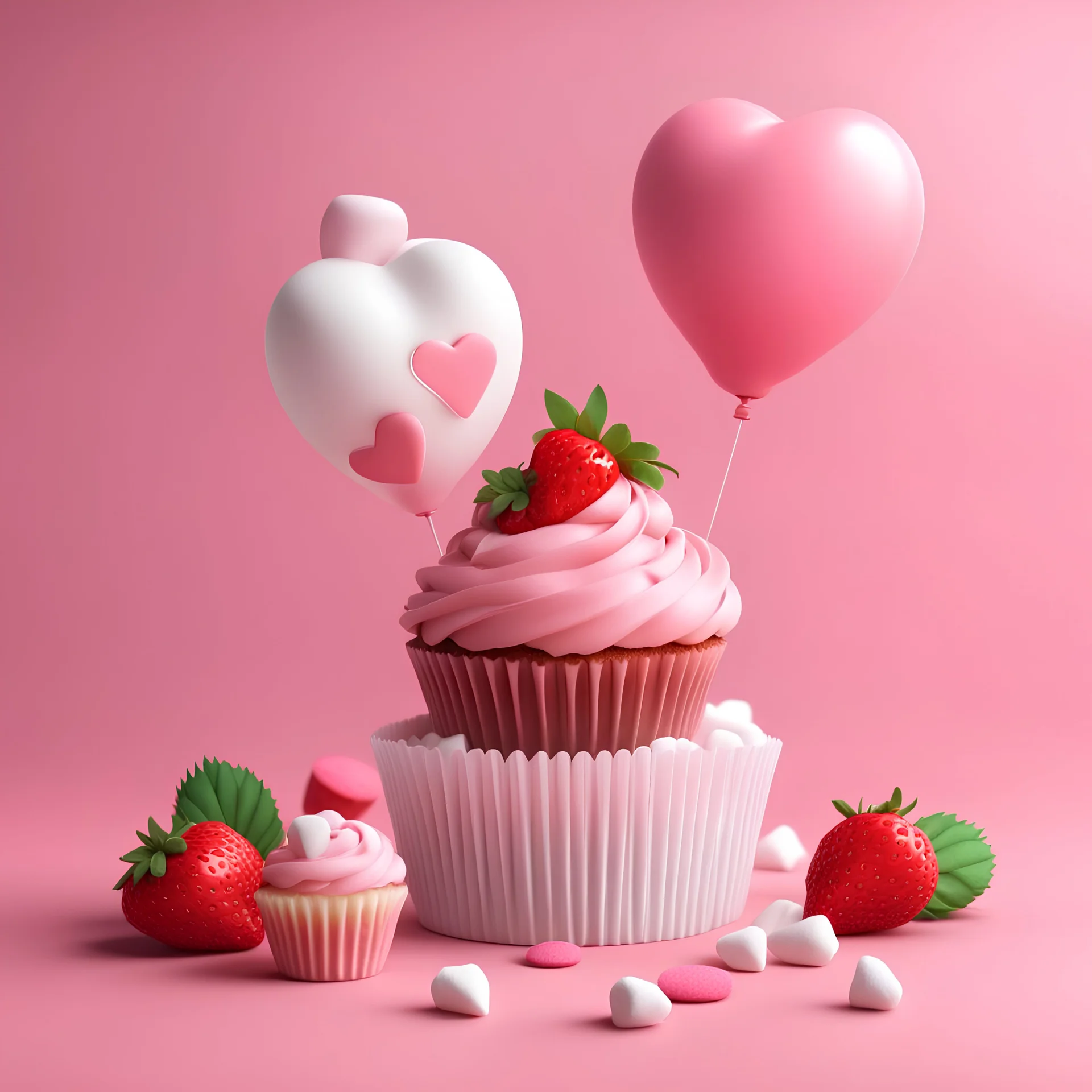 Pink cupcake with red strawberry , minimal marshmallow, cute gift box and colorful balloon for valentine day and anniversary 3d illustration