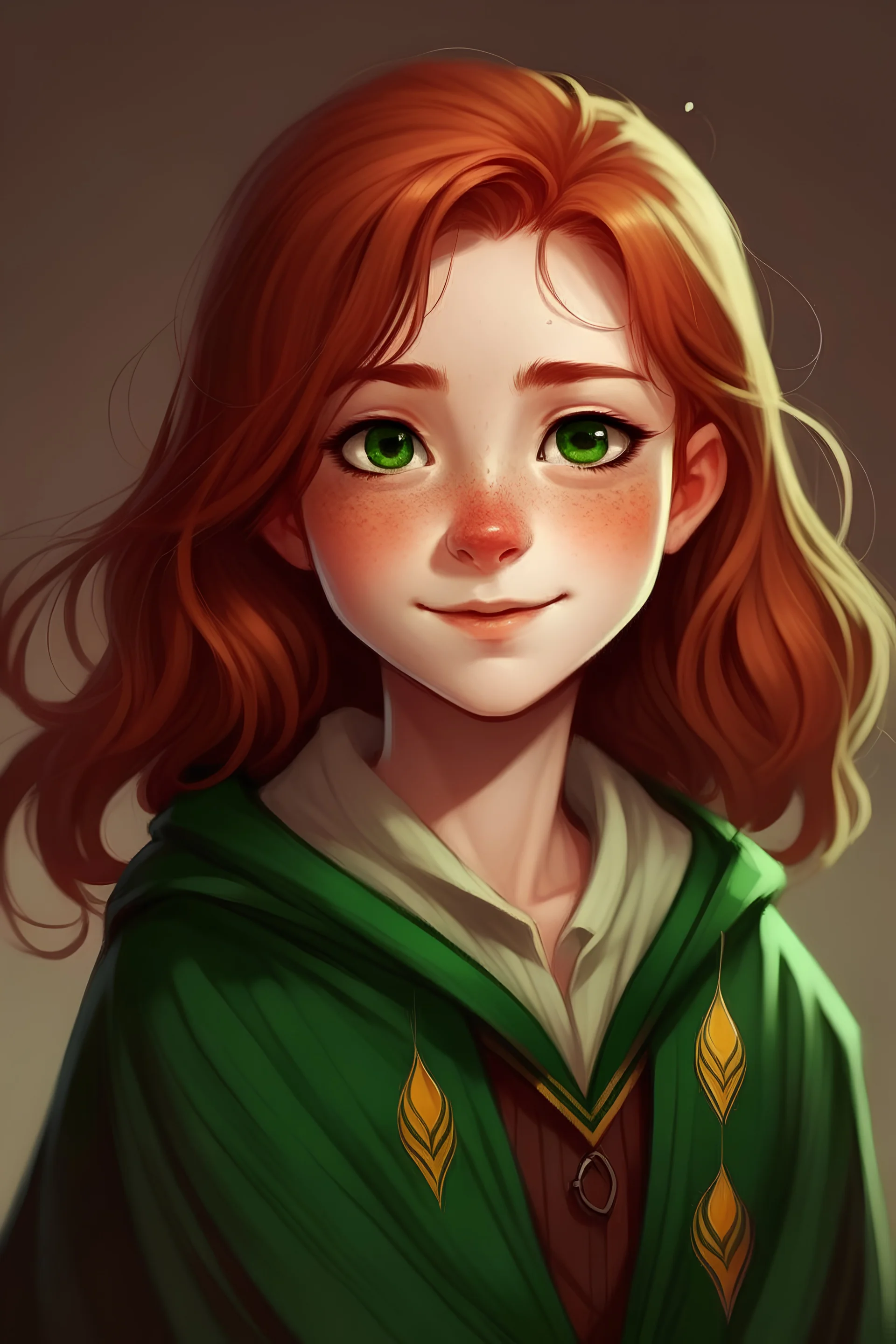 A cute girl with red hair and green eyes and she is wearing a Hogwarts robe