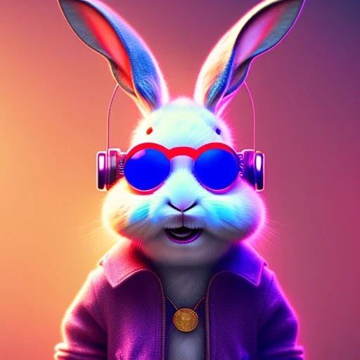 pixar style anamorphic cute rabbit baby, smiling, cyberpunk headphone, sunglass, gangsta gold neckless, full body, magenta puffer jacket, manila city backdrop, dramatic lighting, hyper realistic, unreal engine 5, 16k