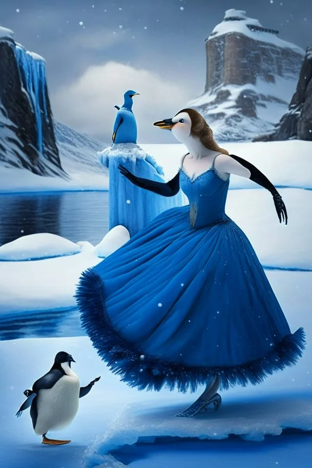 Cinderella in her blue dress dancing in Antarctica with a penguin in the snow