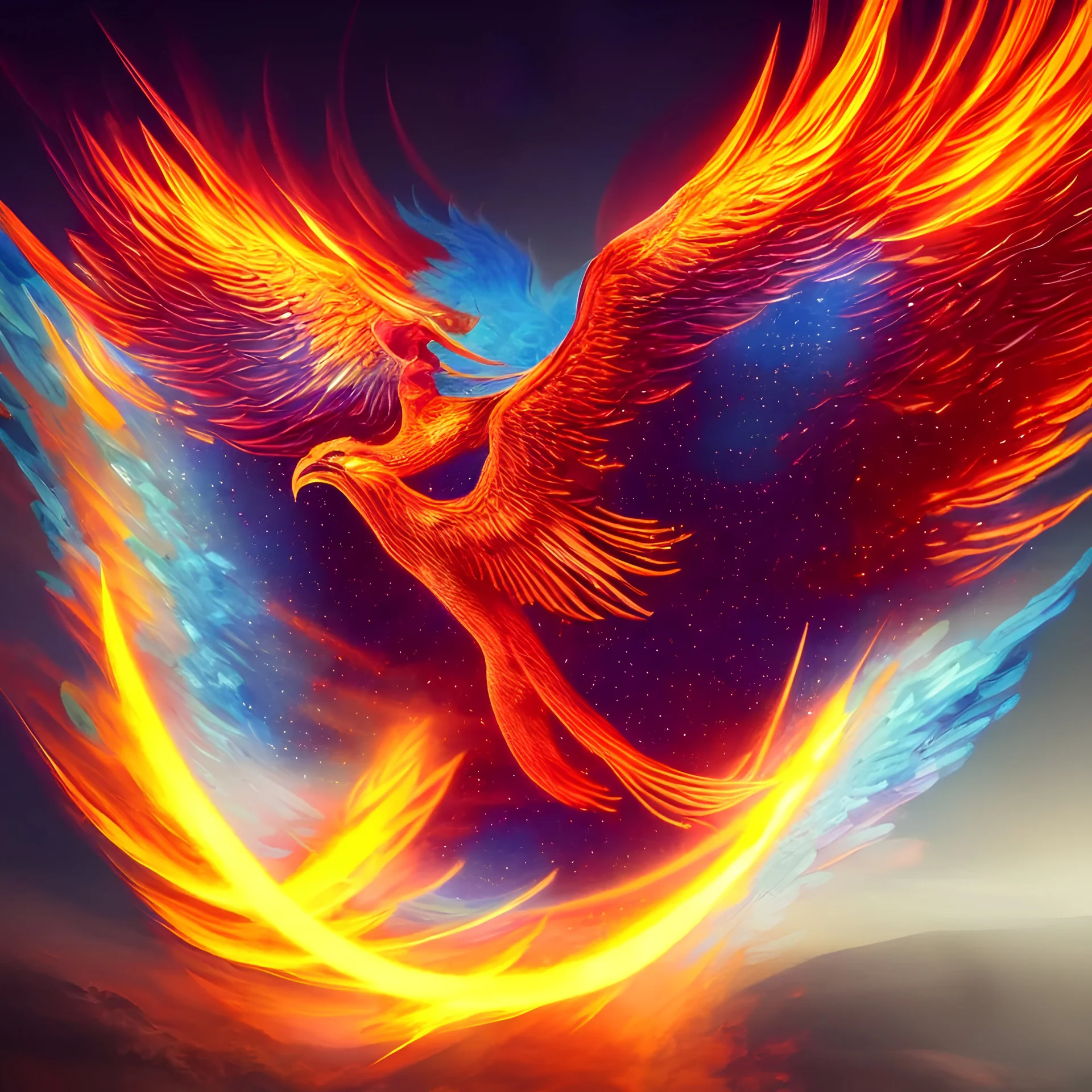 numeric artwork portrait of a Phoenix, very symetric, halo of fire, space background, very beautiful very detailed, hyper intricate, very magnificent, mystical rendering, hdr, 8k, sunlight, autumn colours, perfect angle, perfect color, perfect symetrical, octane effect rendering, great angle photography, cinema 4d