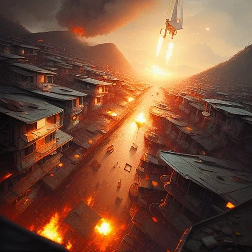 Favela, burning, explosion, Greg Rutkowski