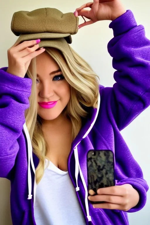 blonde taking selfie.thick thighs,thick calves,flat belly,curvy fell. NOVEL kind of hoodie, form which condescends with integrated bag[SIC]. It is sewed together of camouflage pieces, whose color are all denim colors,cream, brown and purple. Big colored headphones (gold rings!) is merged with small felt cap with small visor. Big bright purple felt tippet and birght-colored-hood is merged with colorful beanie. Inside is orange. Style: 1990's Finland